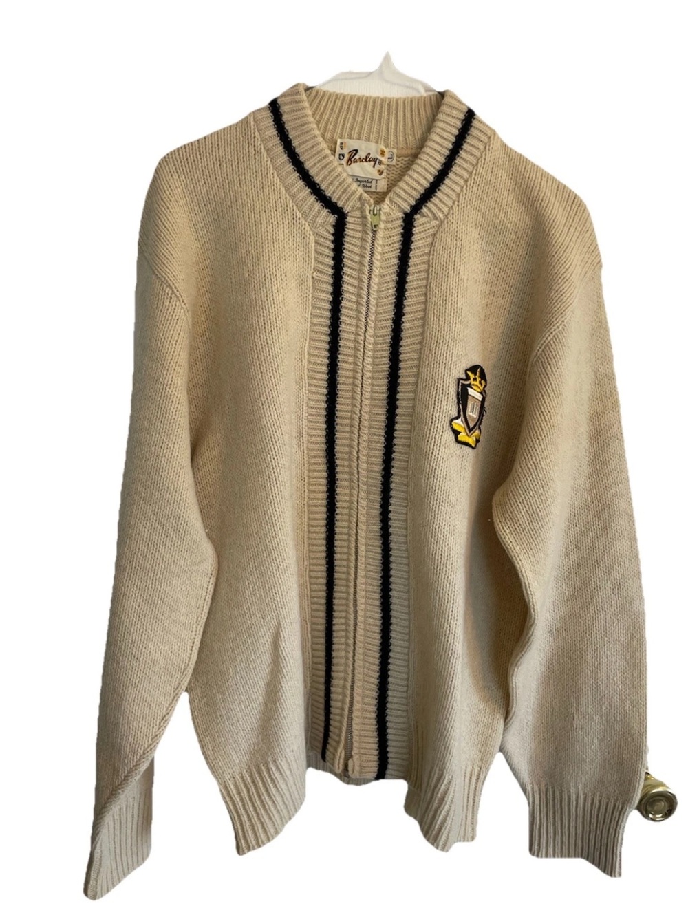VTG Barclay Mens Full Zip Crest  Wool Cardigan Sweater Tan Grandpacore Academia